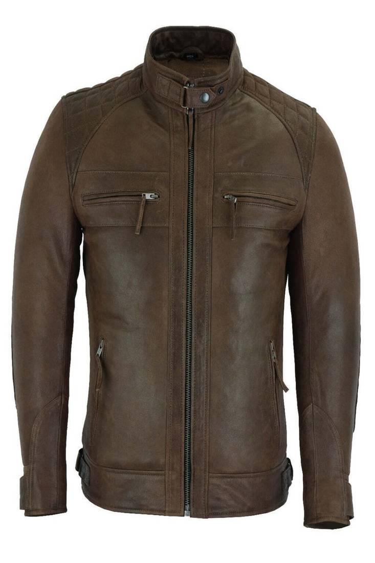 men's  dark brown genuine lambskin leather jacket zipper look biker style