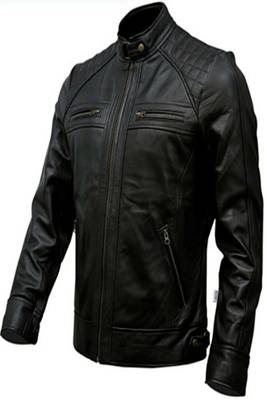 men's black genuine lambskin leather jacket ziper & café racer  quilted hand biker style 1