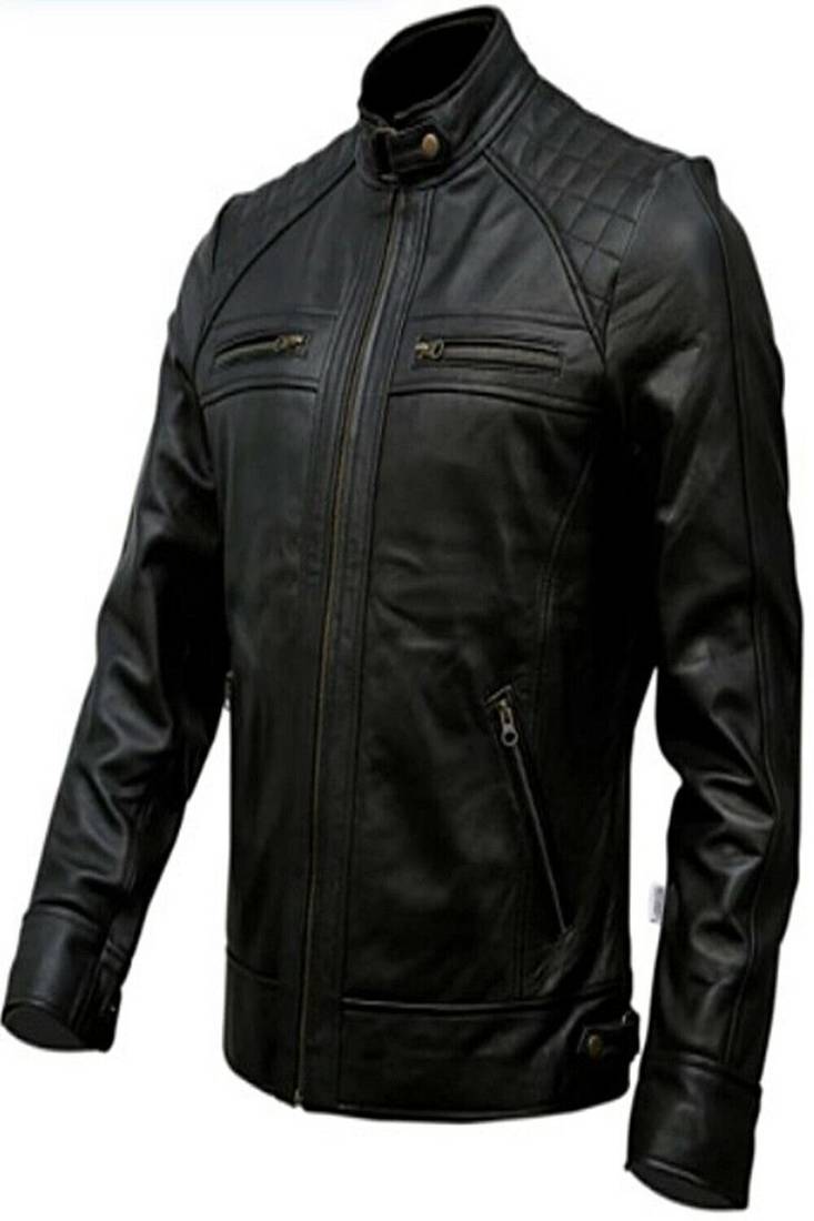 men's black genuine lambskin leather jacket ziper & café racer  quilted hand biker style