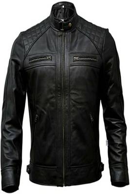 men's black genuine lambskin leather jacket ziper & café racer  quilted hand biker style 3