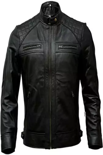 men's black genuine lambskin leather jacket ziper & café racer  quilted hand biker style
