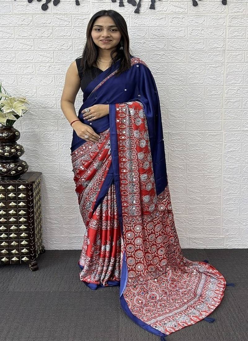 Purple Color Heavy Mirror Work  Satin Silk  Saree