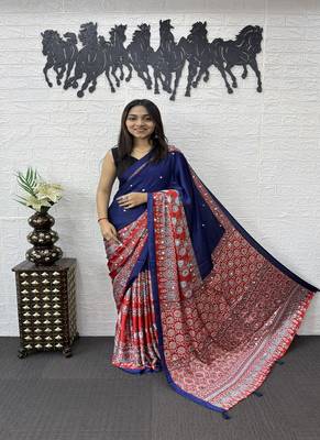 Purple Color Heavy Mirror Work  Satin Silk  Saree 2