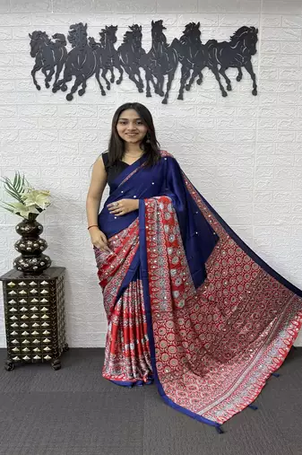 Purple Color Heavy Mirror Work  Satin Silk  Saree