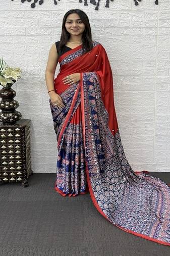 Red Color Heavy Mirror Work  Satin Silk  Saree