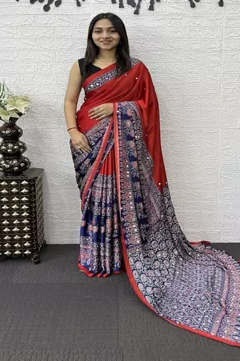 Red Color Heavy Mirror Work  Satin Silk  Saree