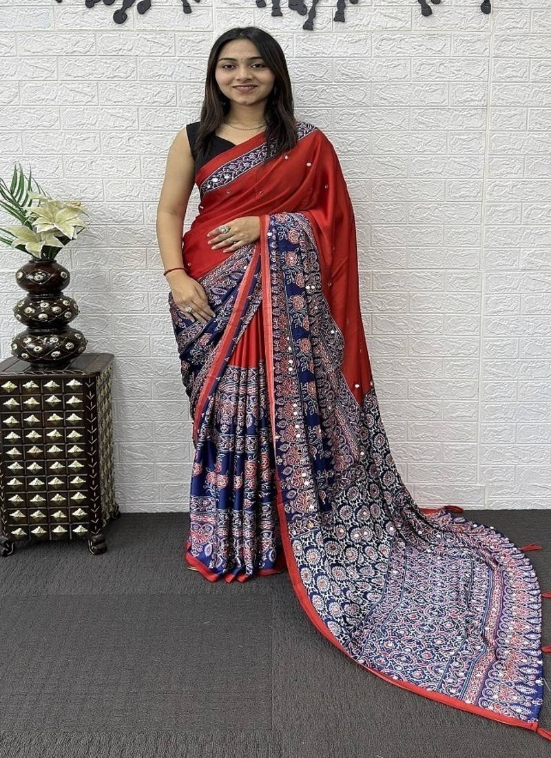 Red Color Heavy Mirror Work  Satin Silk  Saree