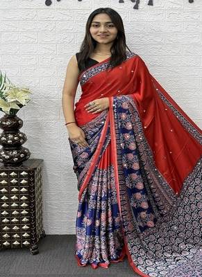 Red Color Heavy Mirror Work  Satin Silk  Saree 2