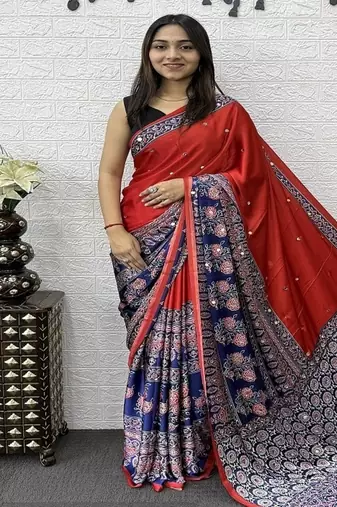 Red Color Heavy Mirror Work  Satin Silk  Saree