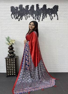 Red Color Heavy Mirror Work  Satin Silk  Saree 3