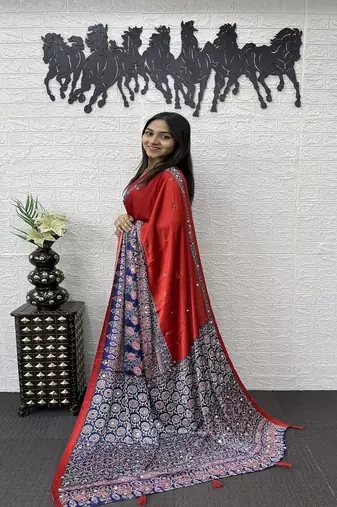 Red Color Heavy Mirror Work  Satin Silk  Saree
