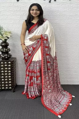 White Color Heavy Mirror Work  Satin Silk  Saree