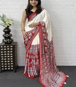 White Color Heavy Mirror Work  Satin Silk  Saree