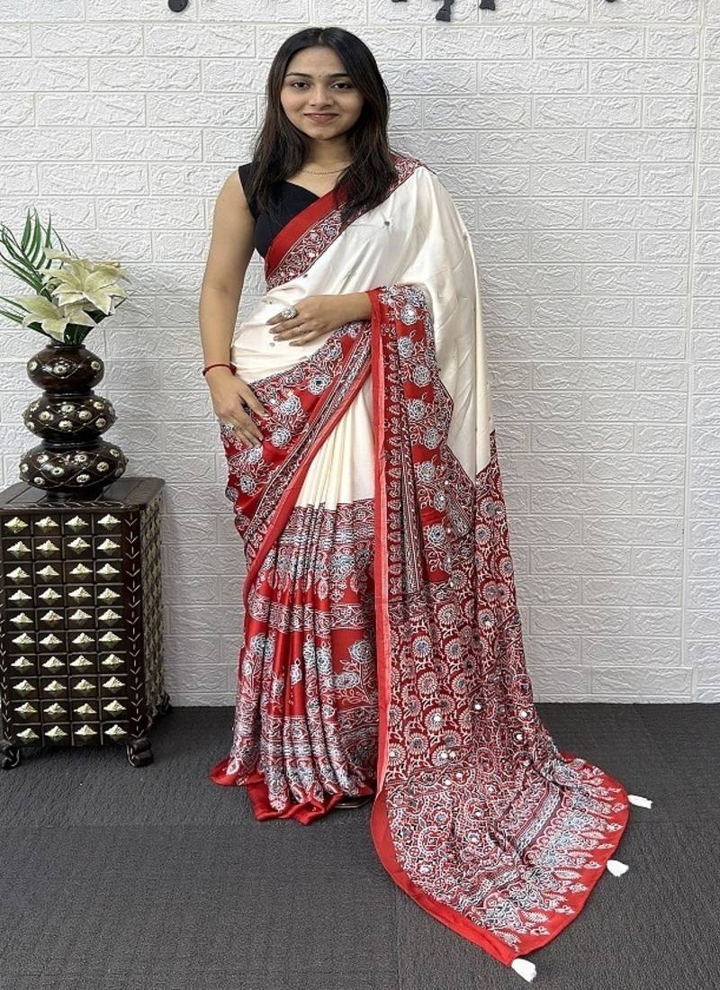White Color Heavy Mirror Work  Satin Silk  Saree