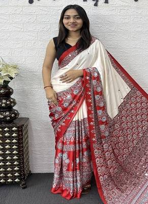 White Color Heavy Mirror Work  Satin Silk  Saree 2