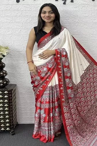 White Color Heavy Mirror Work  Satin Silk  Saree