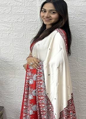 White Color Heavy Mirror Work  Satin Silk  Saree 3