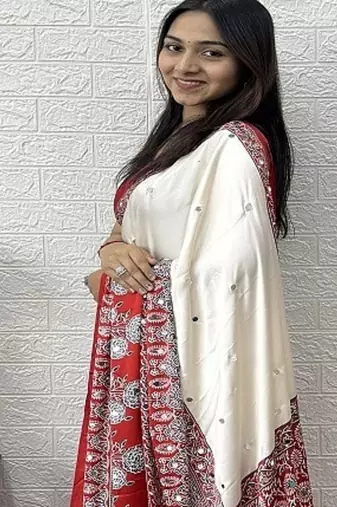 White Color Heavy Mirror Work  Satin Silk  Saree