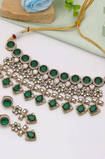 Green color american diamond necklace set