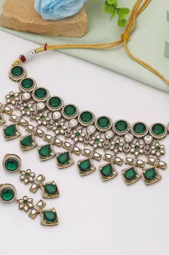Green color american diamond necklace set