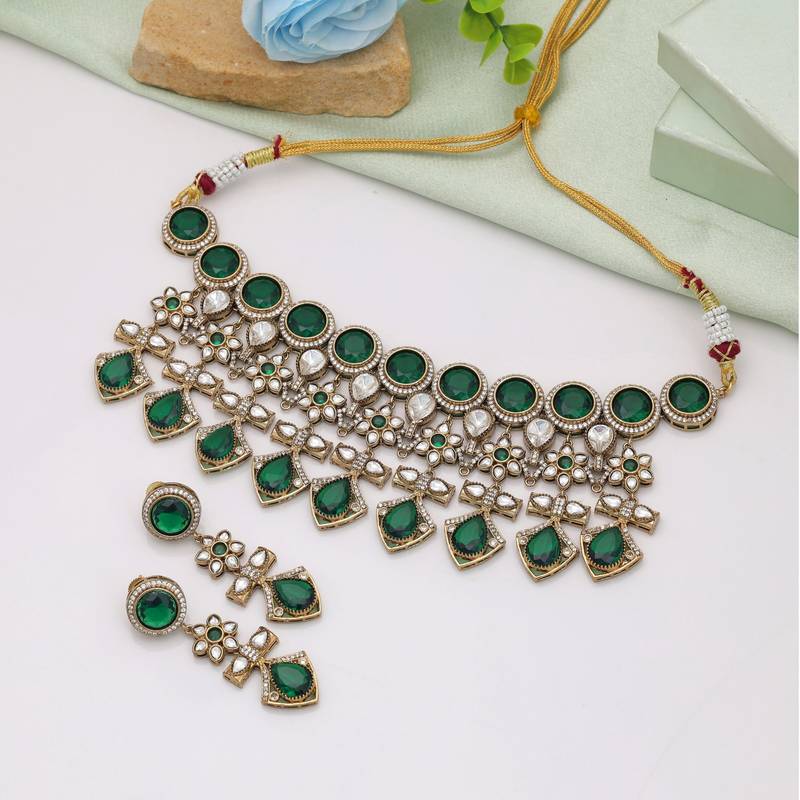 Green color american diamond necklace set