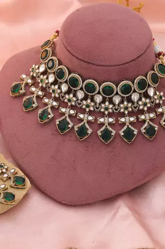 Green color american diamond necklace set