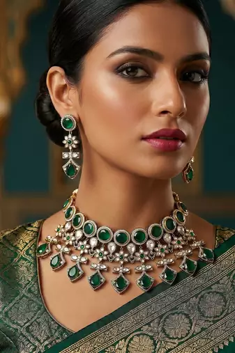 Green color american diamond necklace set