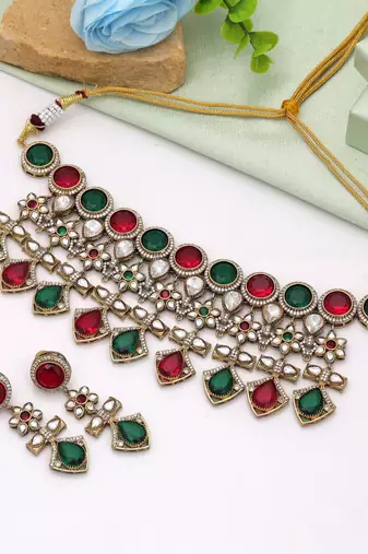 Maroon & green color american diamond necklace set