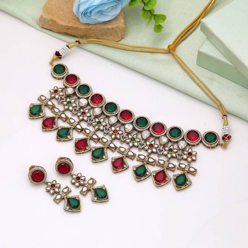 Maroon & green color american diamond necklace set
