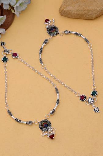 Multi color peacock feather oxidised anklet