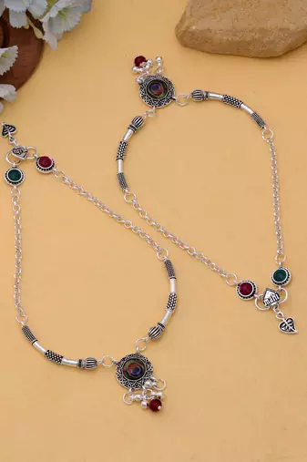 Multi color peacock feather oxidised anklet