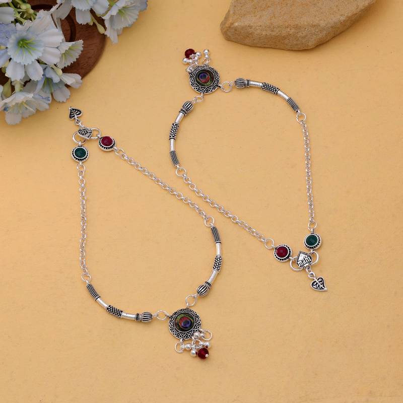 Multi color peacock feather oxidised anklet