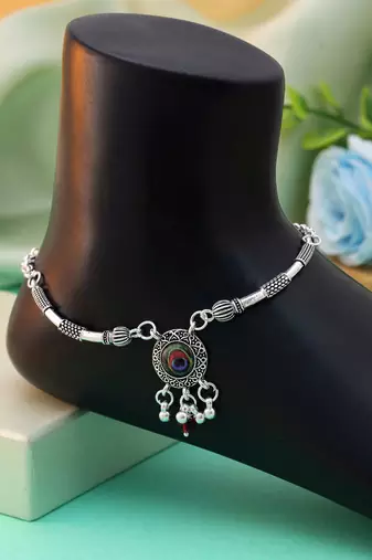 Multi color peacock feather oxidised anklet