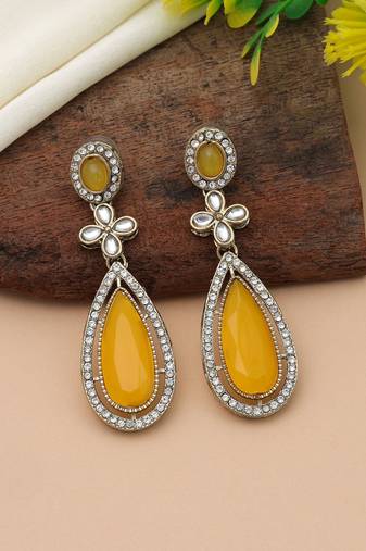 Yellow color kundan earrings