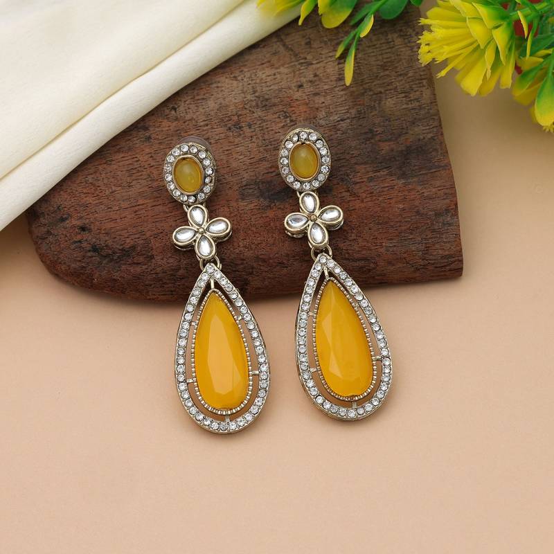 Yellow color kundan earrings