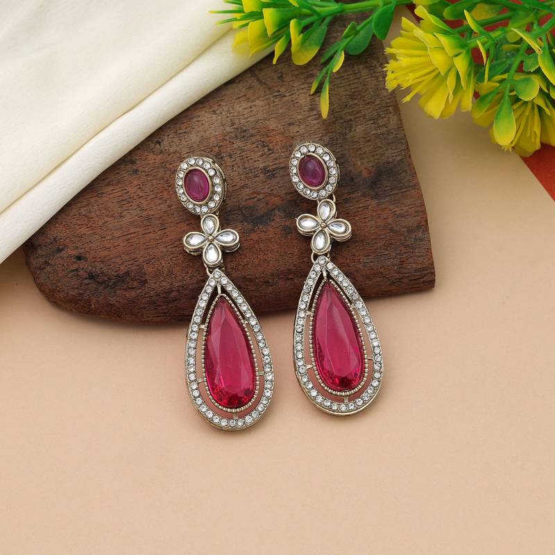Rani color kundan earrings