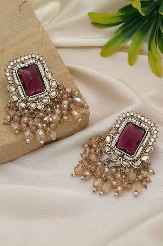 Magenta color kundan earrings