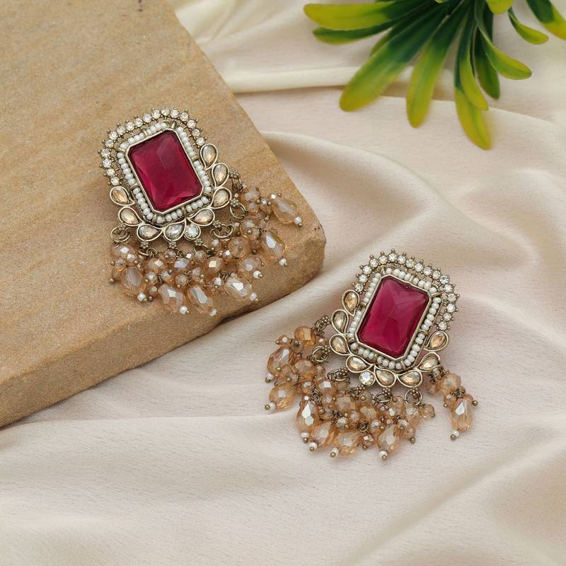 Rani color kundan earrings