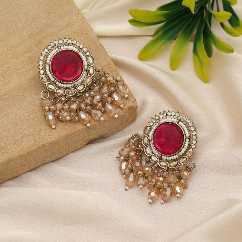 Rani color kundan earrings