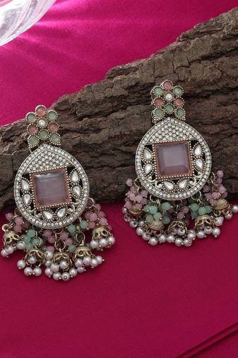 Pink & pista green color kundan earrings