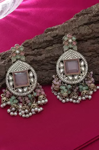 Pink & pista green color kundan earrings
