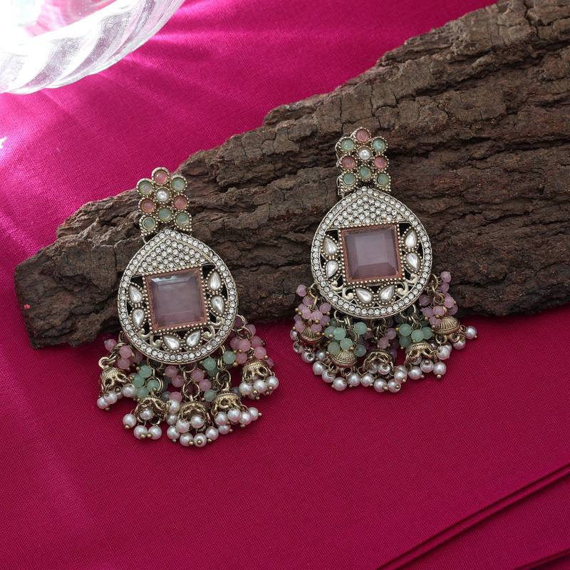 Pink & pista green color kundan earrings