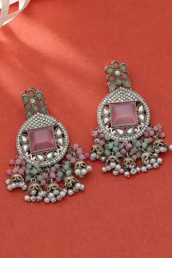 Pink & pista green color kundan earrings