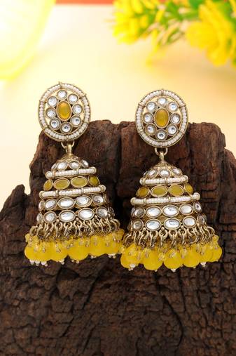 Yellow color kundan earrings