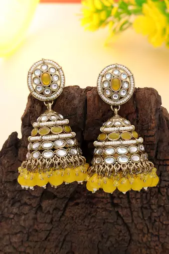Yellow color kundan earrings