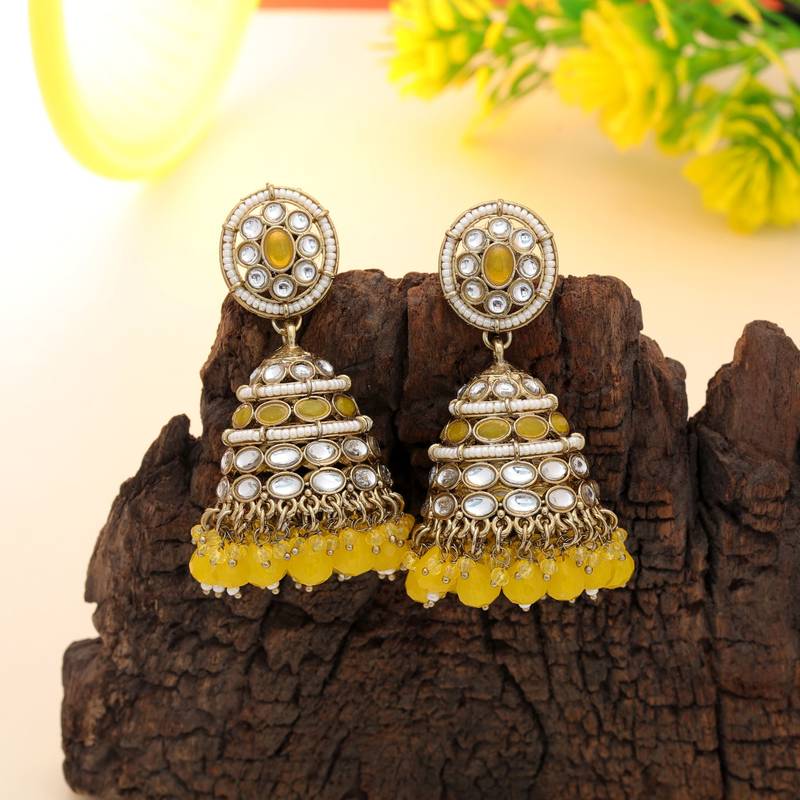 Yellow color kundan earrings