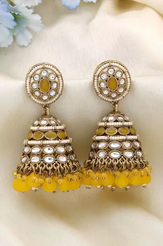 Yellow color kundan earrings