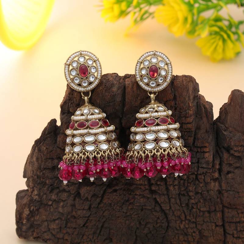Rani color kundan earrings