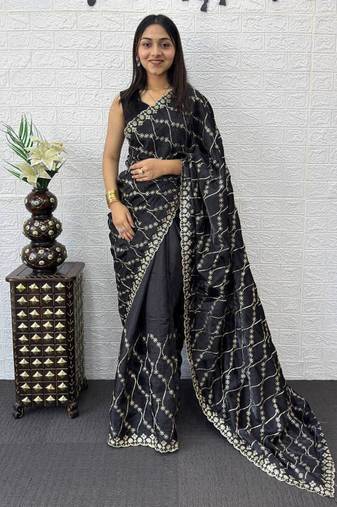Black Color  Embroidery Work Silk Saree