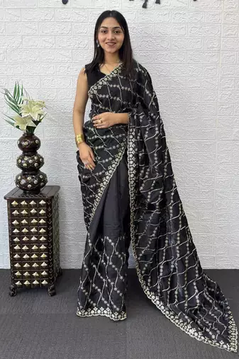 Black Color  Embroidery Work Silk Saree
